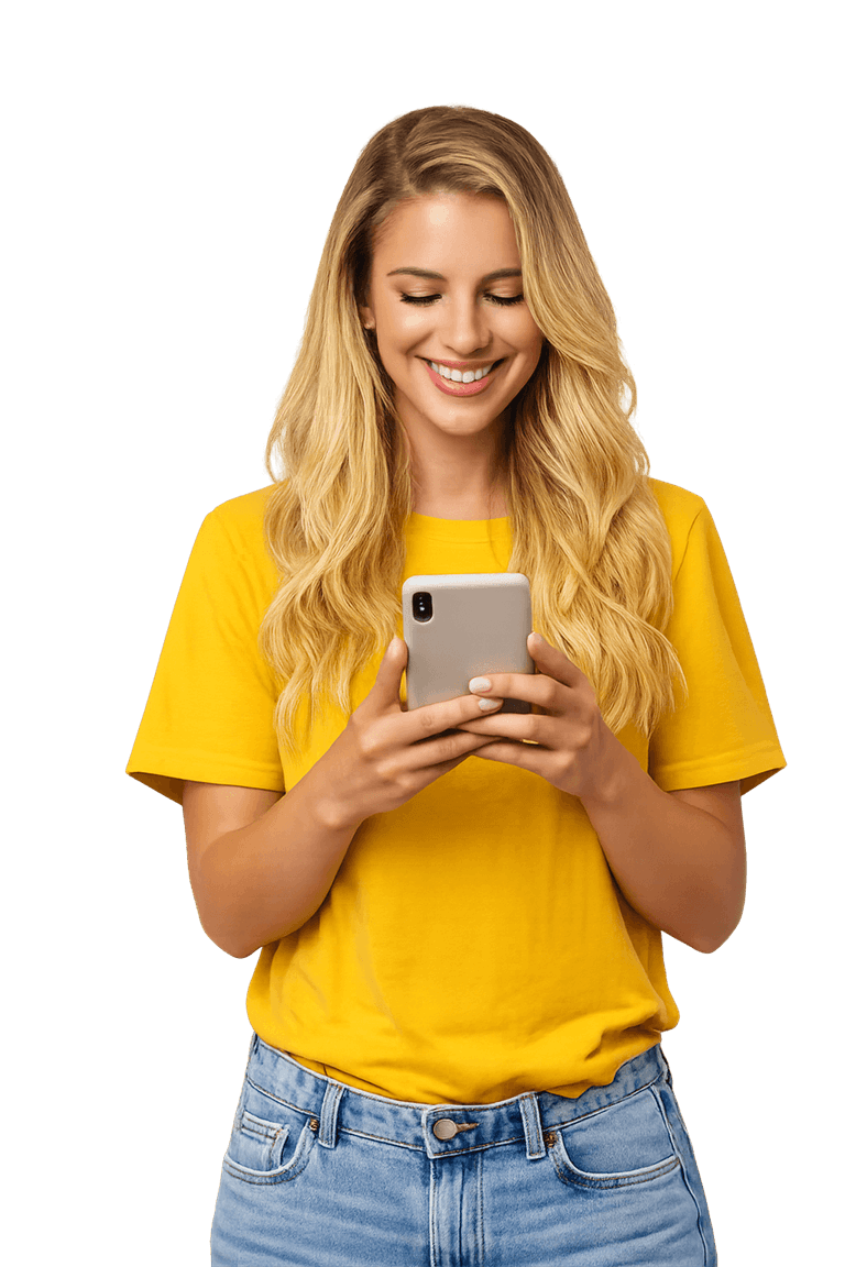 Smilende kvinde i gul t-shirt, der bruger sin mobiltelefon