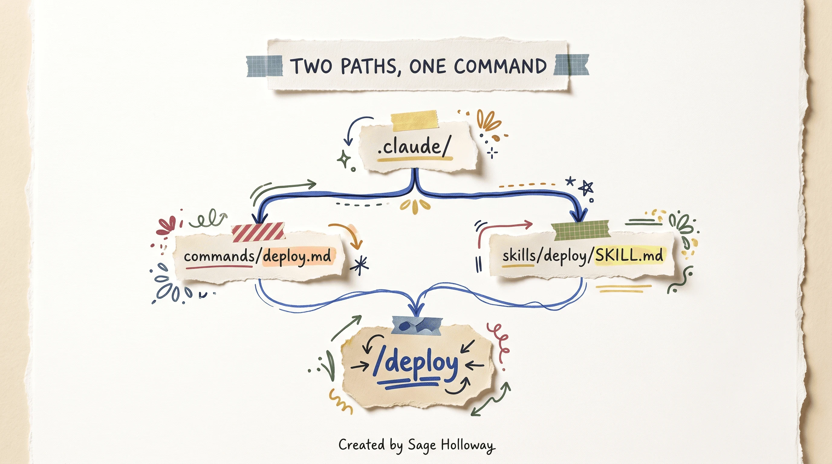 Diagram of the Claude Code `.claude` directory map showing commands and skills folders both creating the same slash command