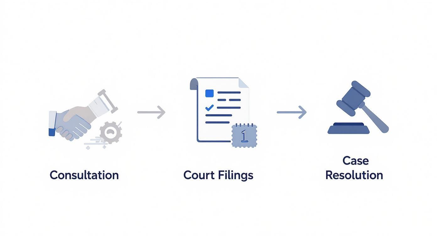 Infographic showing the process of court navigation, with icons for consultation, court filings, and case resolution.