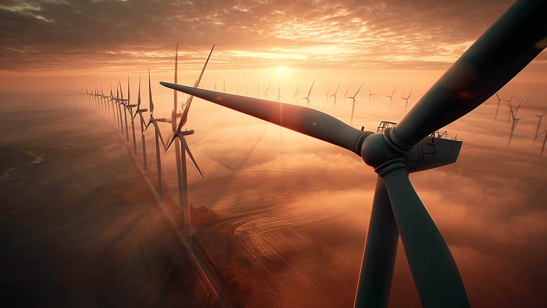A line of wind turbines stretches into the foggy distance at sunrise, casting long shadows. The scene conveys a sense of tranquility and sustainable energy.