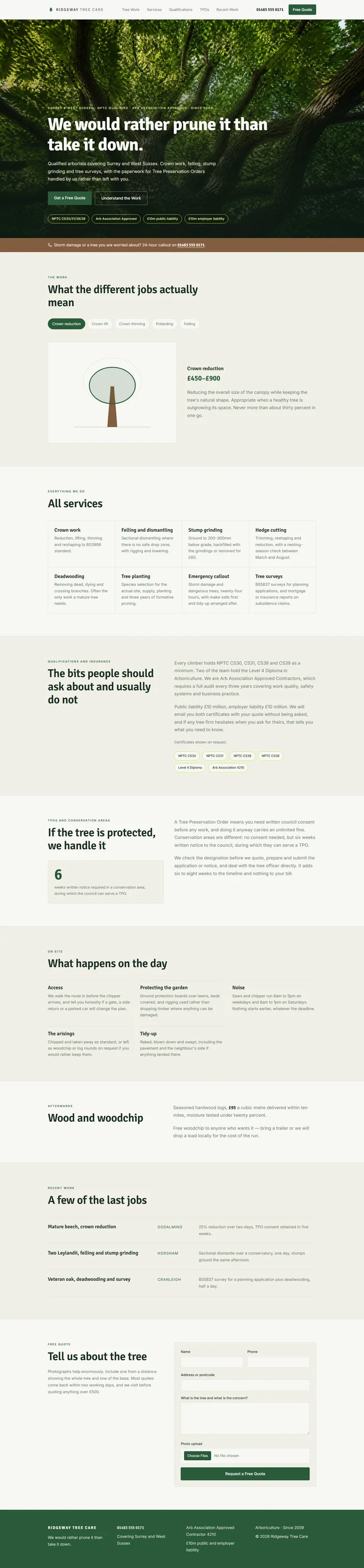 Full tree service website design: canopy hero, crown work, services, TPO guidance, recent work