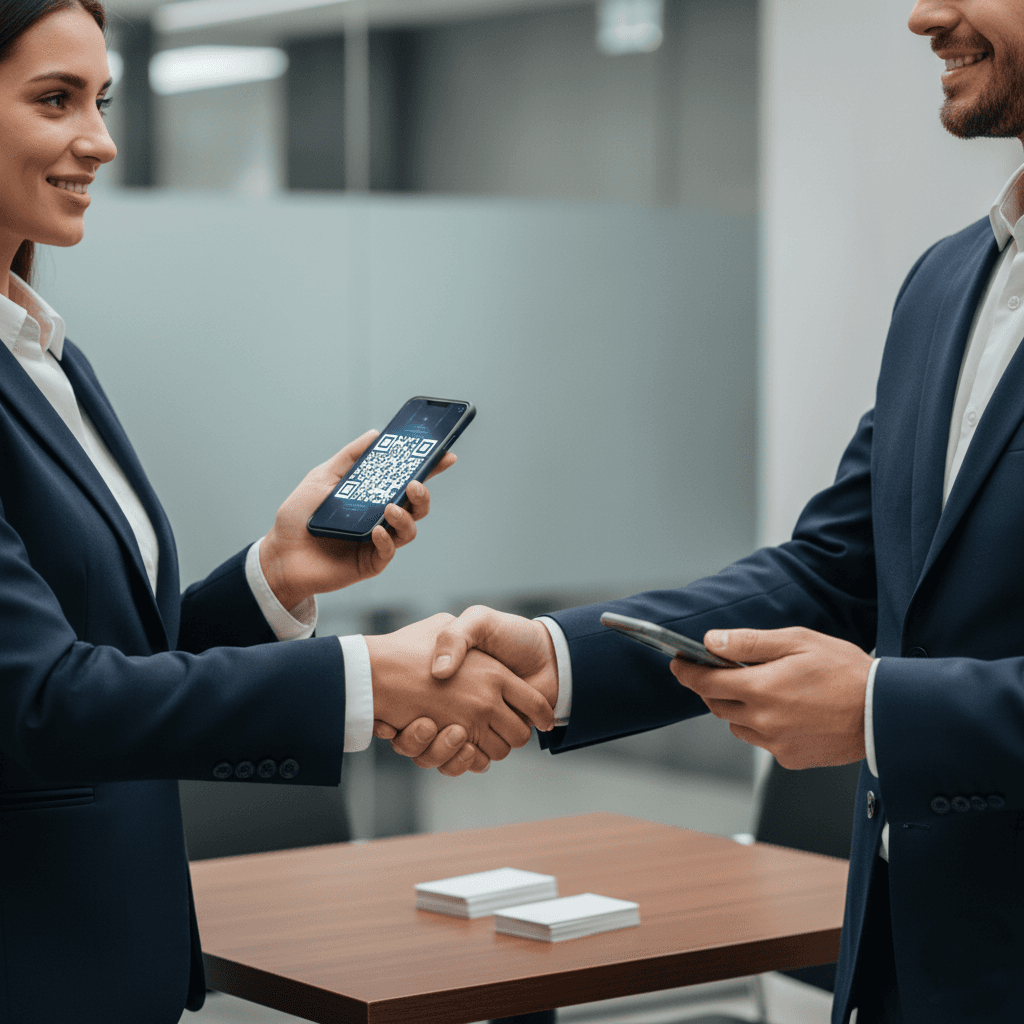 Professionals exchanging a digital business card while traditional paper business cards remain on the table during a business meeting.