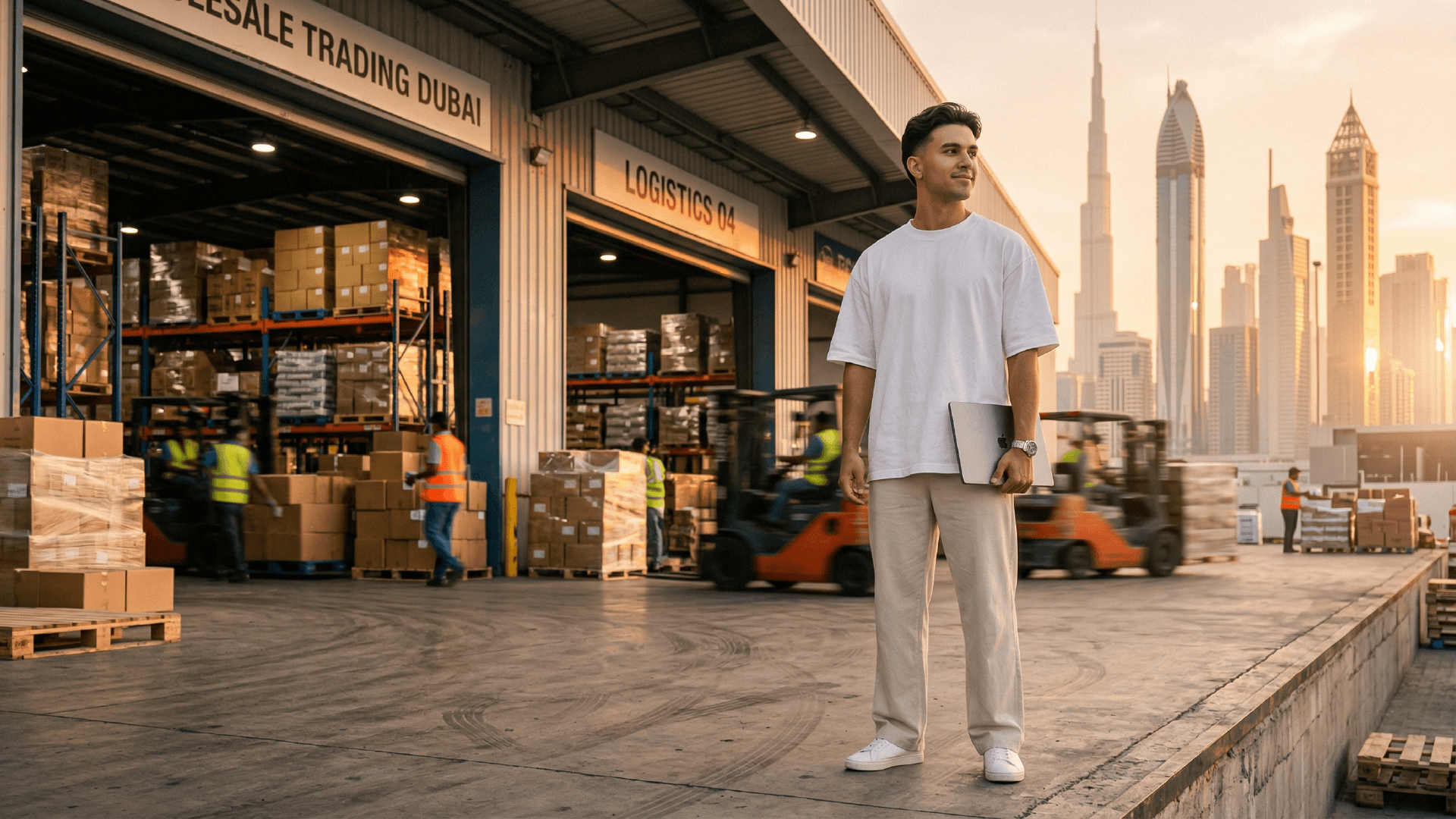 Wholesale trading warehouse with stacked pallets and inventory management in a Dubai free zone