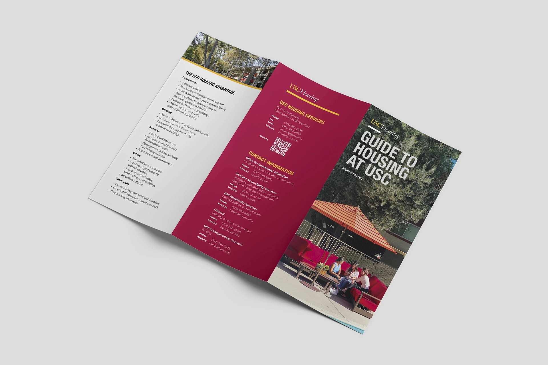 Top angled view of the "Guide to Housing at USC" brochure's outside spread (1/2)