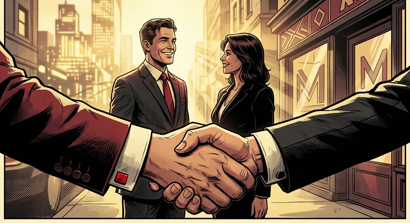 Handshake in city, symbolizing RockN' Socials, Digital Marketing Agency collaboration.