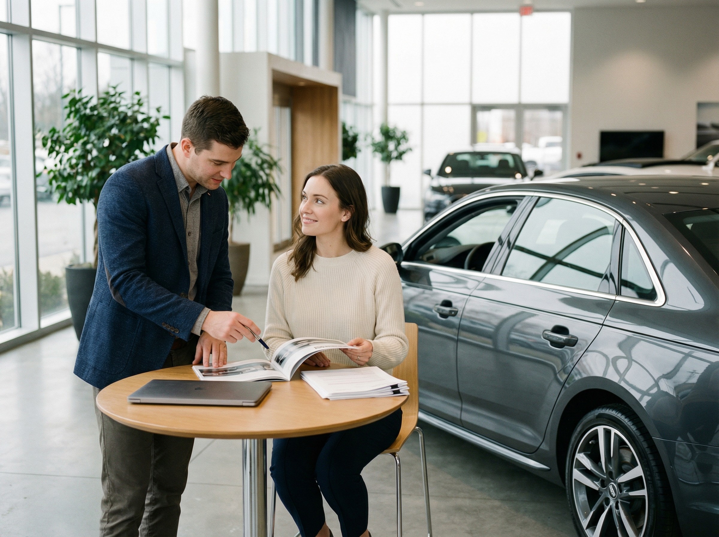 Ein Berater und eine Kundin sitzen an einem kleinen Tisch neben einem ausgestellten Fahrzeug, Unterlagen liegen ordentlich bereit. Ein dezenter Laptop bleibt geschlossen, der Blick gilt dem Fahrzeugprospekt. Die Atmosphäre ist ruhig, konzentriert und persönlich.