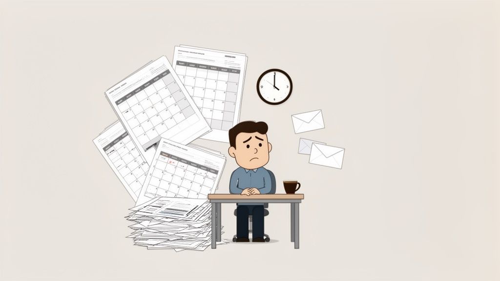 A cartoon man looking overwhelmed at a desk, surrounded by calendars, papers, a clock, and envelopes.