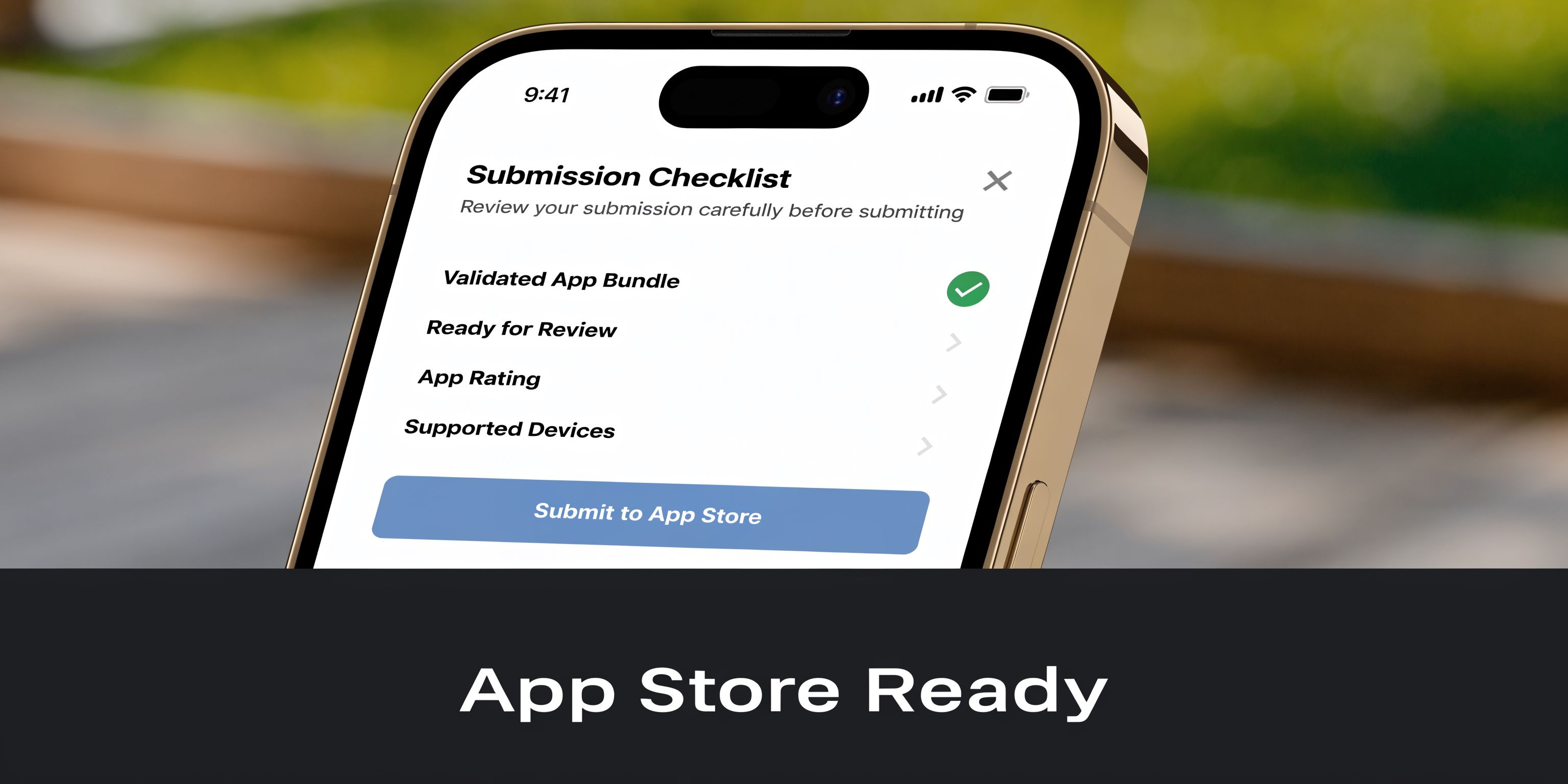 A smartphone screen displaying an app submission checklist for publishing software to the Apple App Store.
