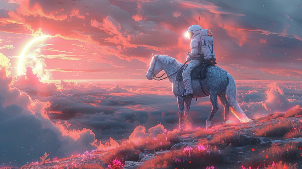 An astronaut riding a white horse on a hill overlooking a glowing pink and orange sky