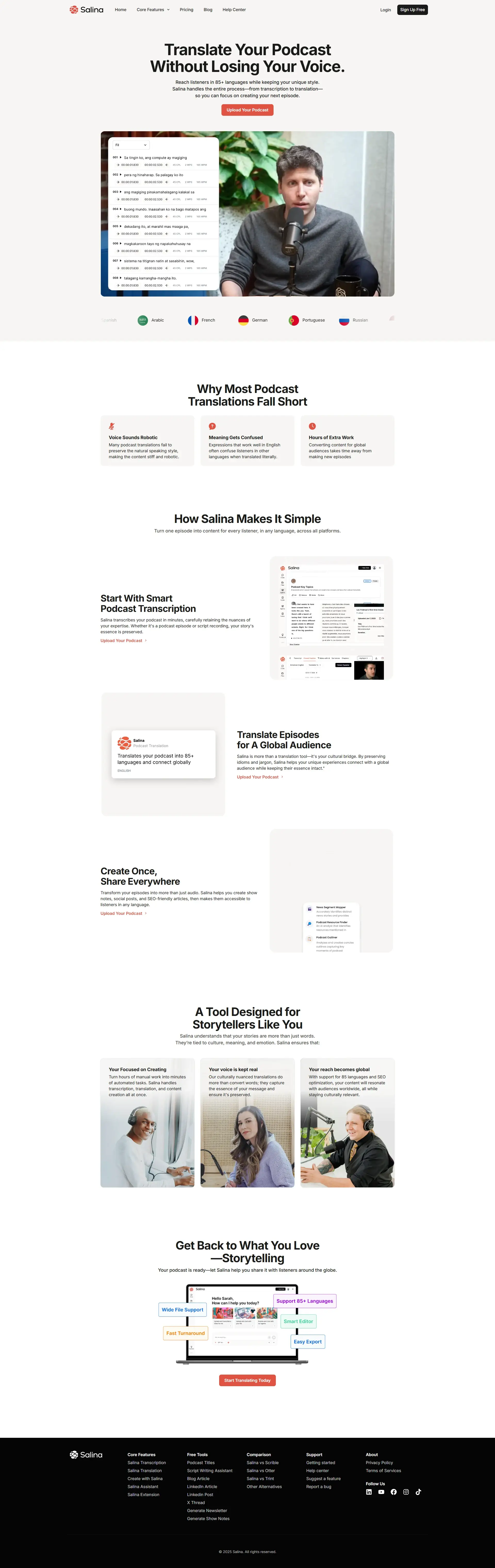 Salina homepage UI – AI transcription and translation tool landing page design