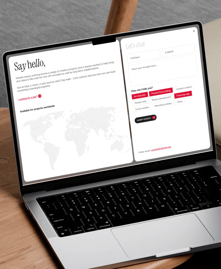 Mobile crop of Vidushi Singhania’s contact page and project inquiry form.