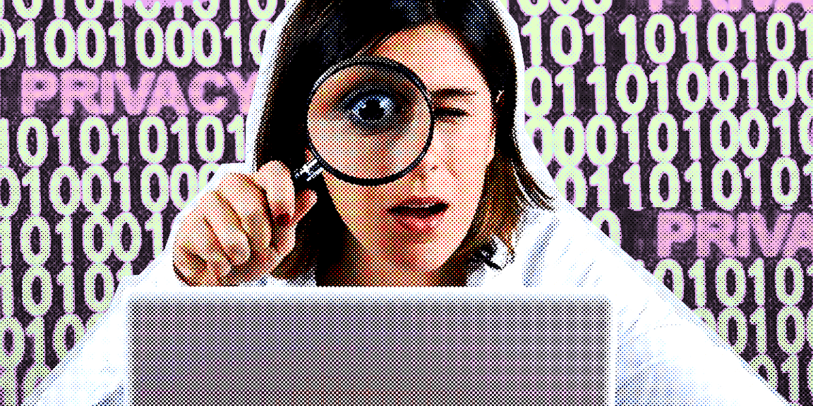 A woman holding a microscope spoting on laptop