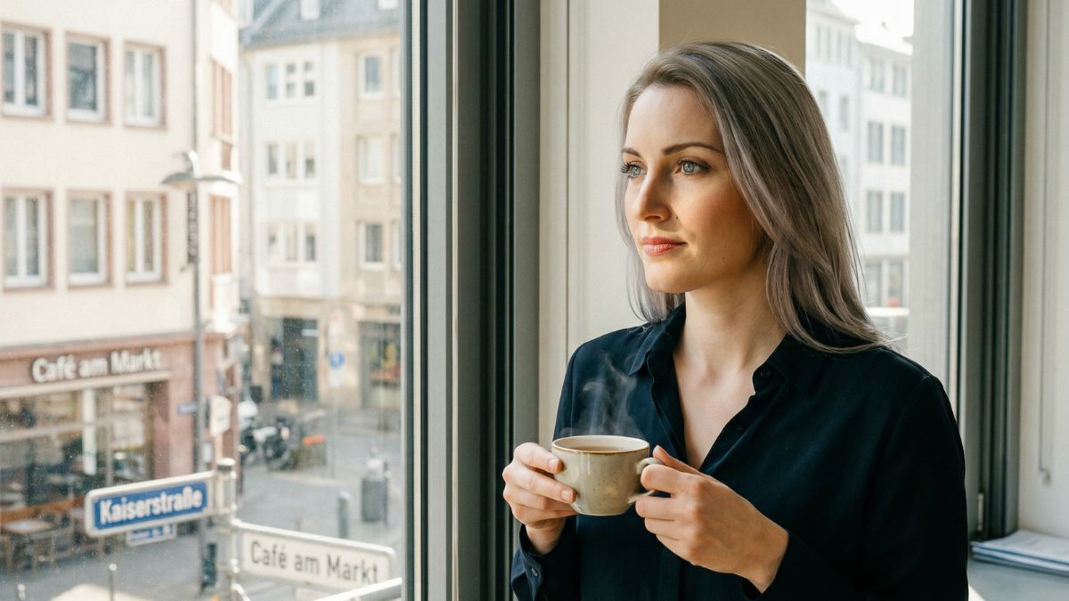 Mitarbeiterin in einer ruhigen Pause mit Blick aus dem Bürofenster	
