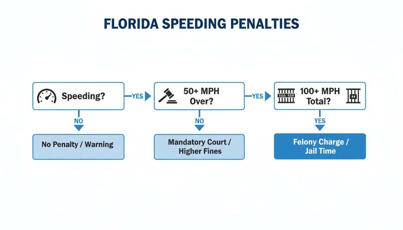 Flowchart outlining Florida speeding penalties, from initial warnings to felony charges for severe violations.