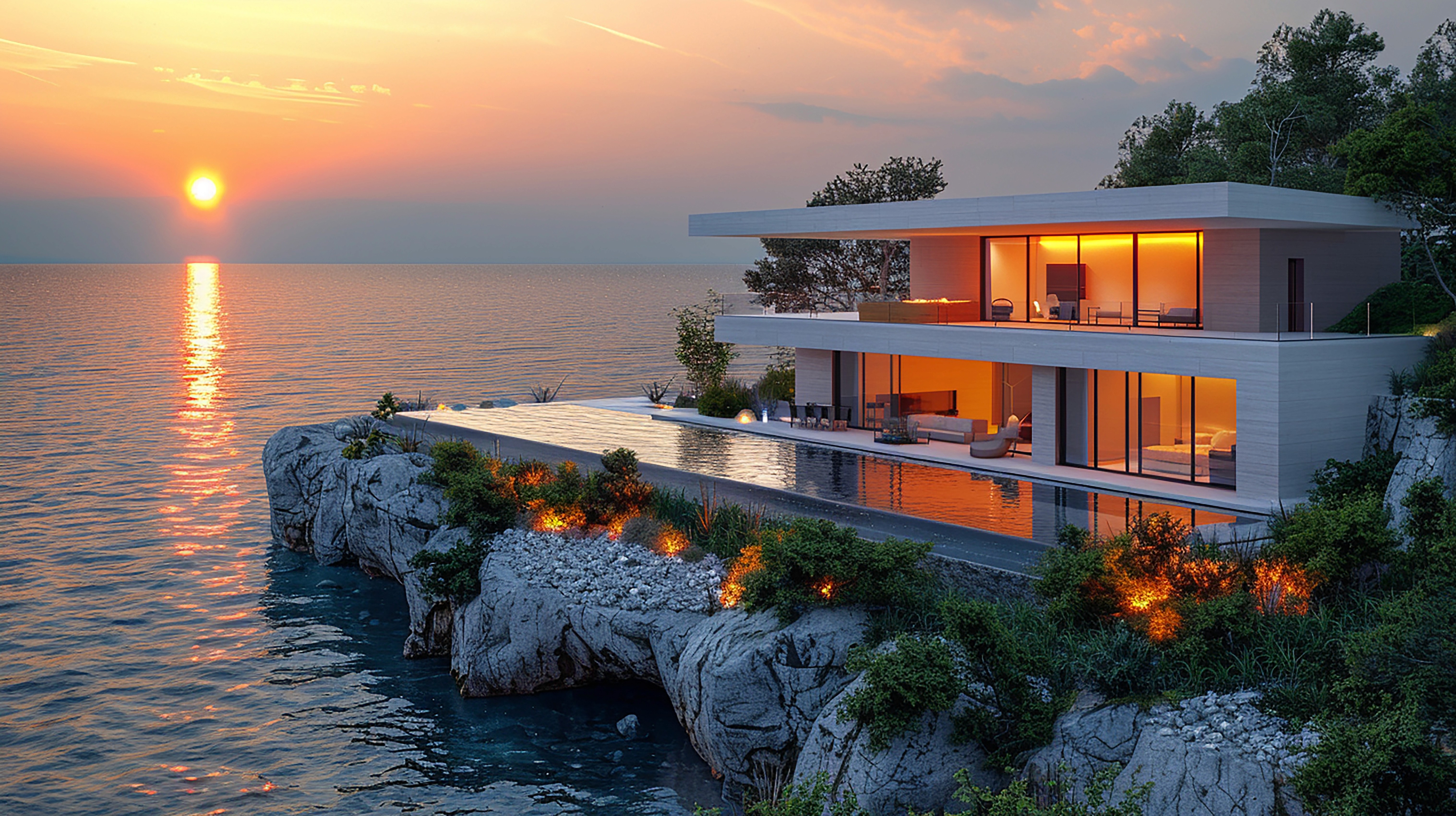 Modern cliffside house with large windows overlooks the ocean at sunset. Warm interior lighting contrasts with the glowing horizon, creating a serene ambiance.