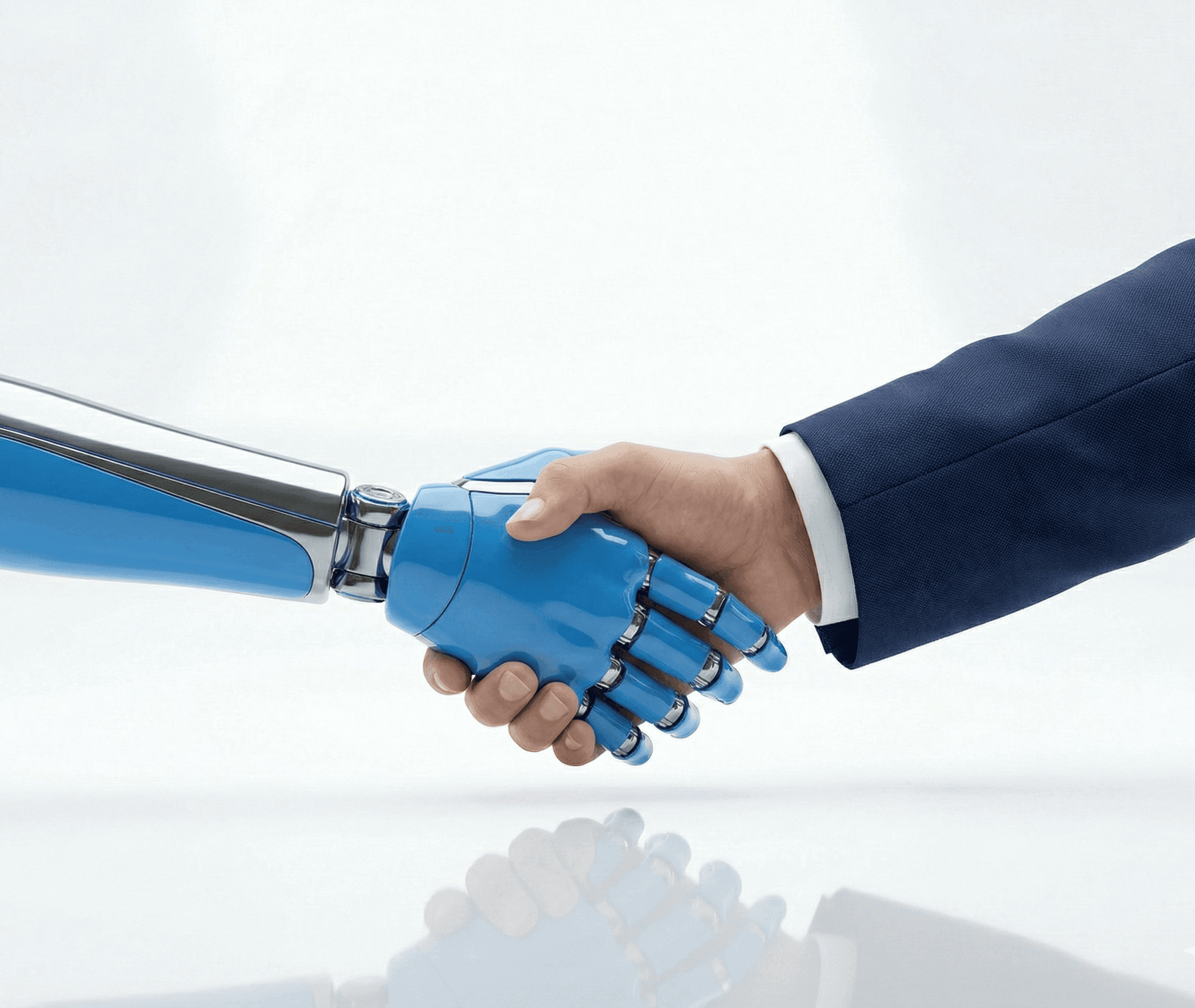 A sleek robotic hand shaking hands with a human hand in a formal suit, symbolizing the partnership between human expertise and AI efficiency.