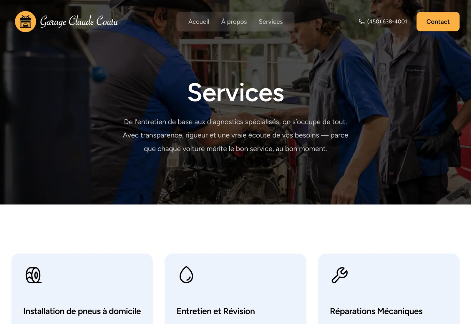 Page services du site web du Garage Claude Coutu à Saint-Constant présentant l’entretien, les réparations mécaniques et les services automobiles, refonte réalisée par B503 Studio.