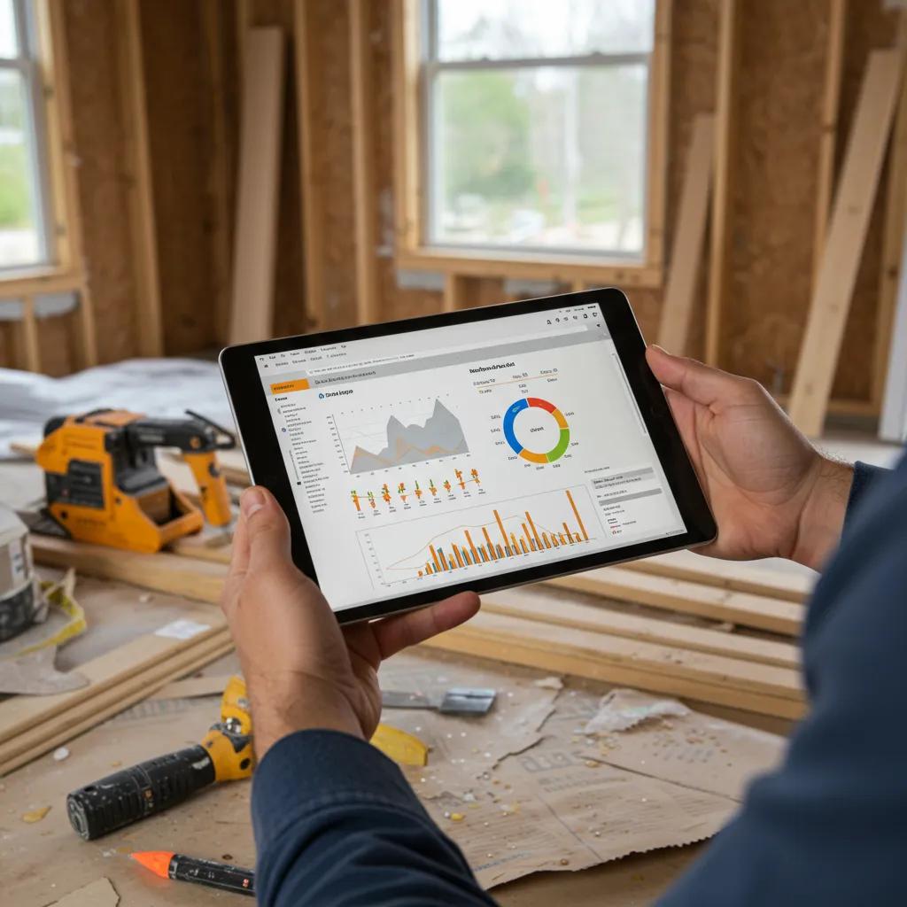 Homeowner reviewing budget plan amidst construction materials