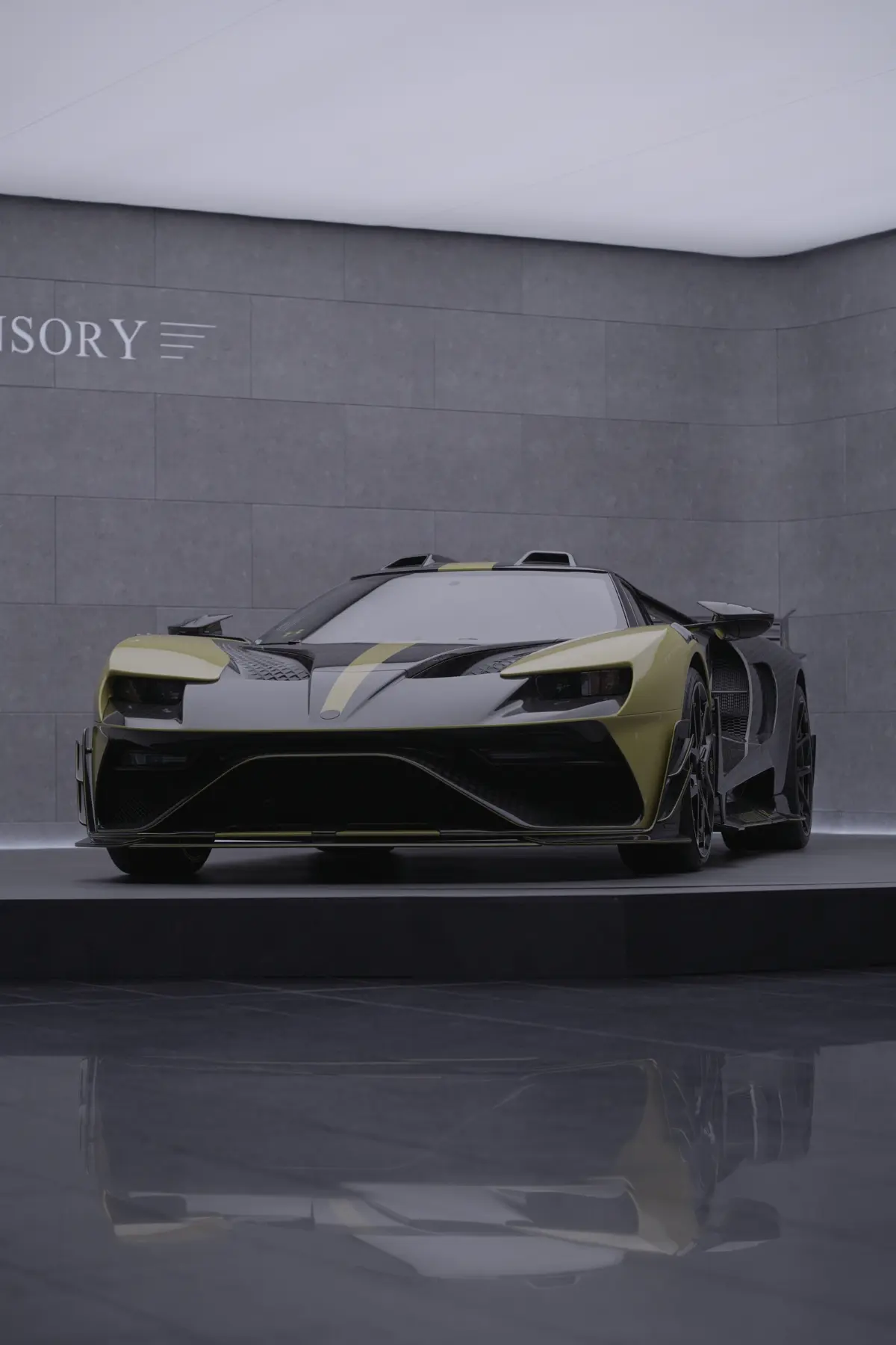 Yellow Mansory supercar showcased inside the factory during the documentary filming