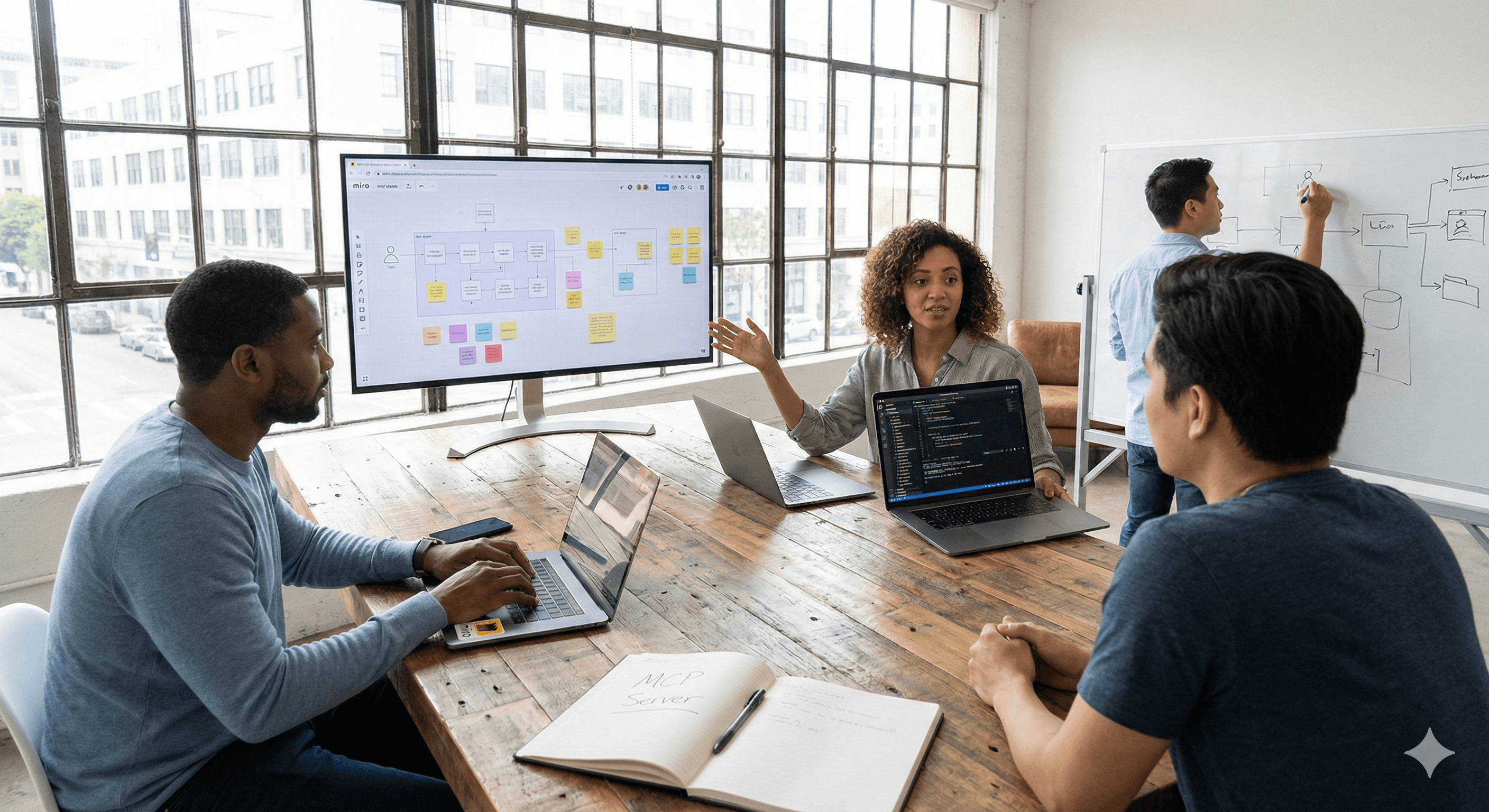 A diverse group of professionals collaborates in a modern office, using laptops and a large screen displaying a digital board, which illustrates concepts related to the Miro MCP Server and bringing organizational context to AI development.