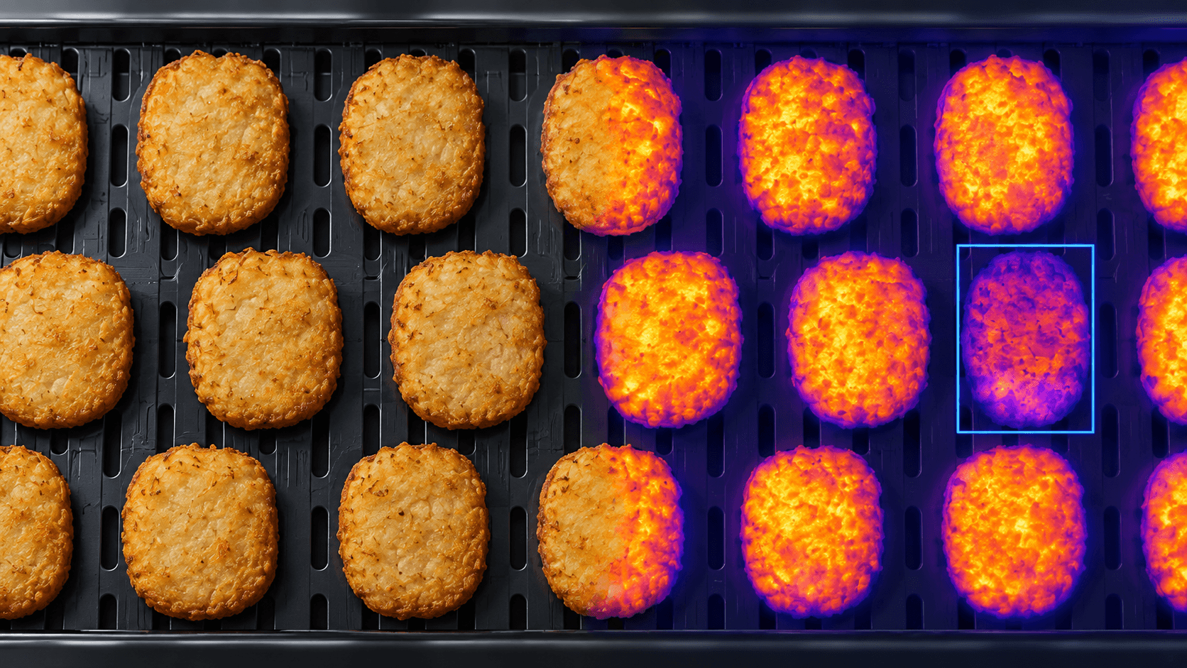 Hash brown patties on a conveyor with an illustrative thermal view highlighting surface-temperature variation.
