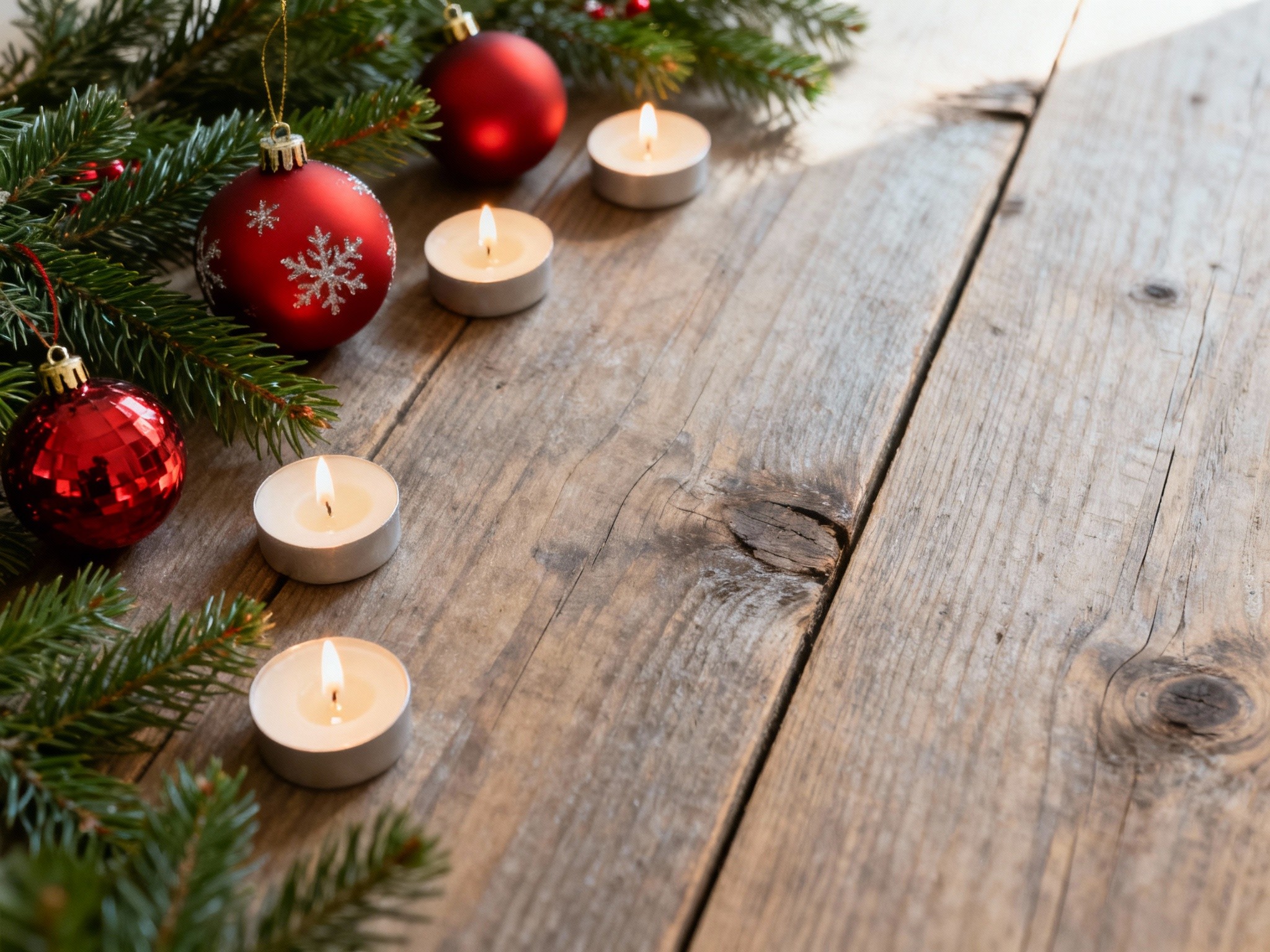 An elegant minimalist flat lay of traditional Christmas ornaments, pine branches