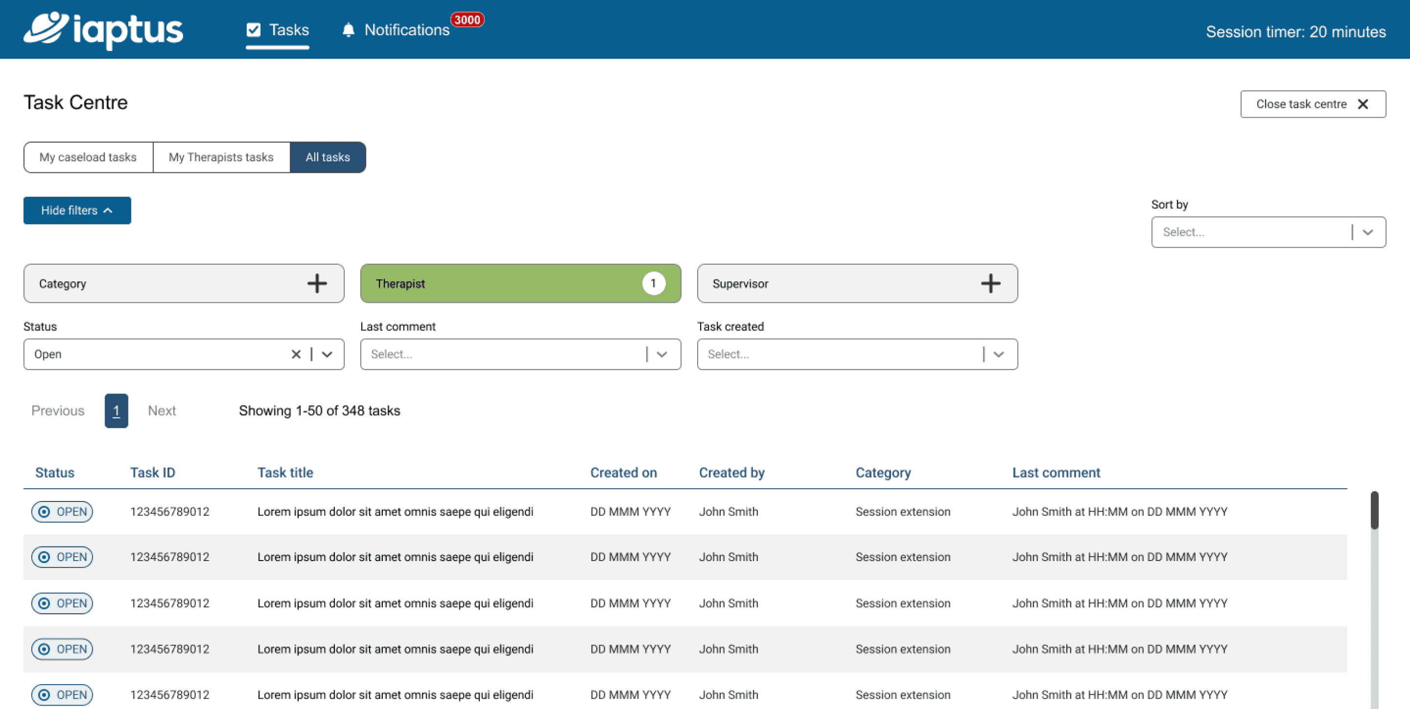 Design of new Task Centre, inclduing filters, task likst, notification