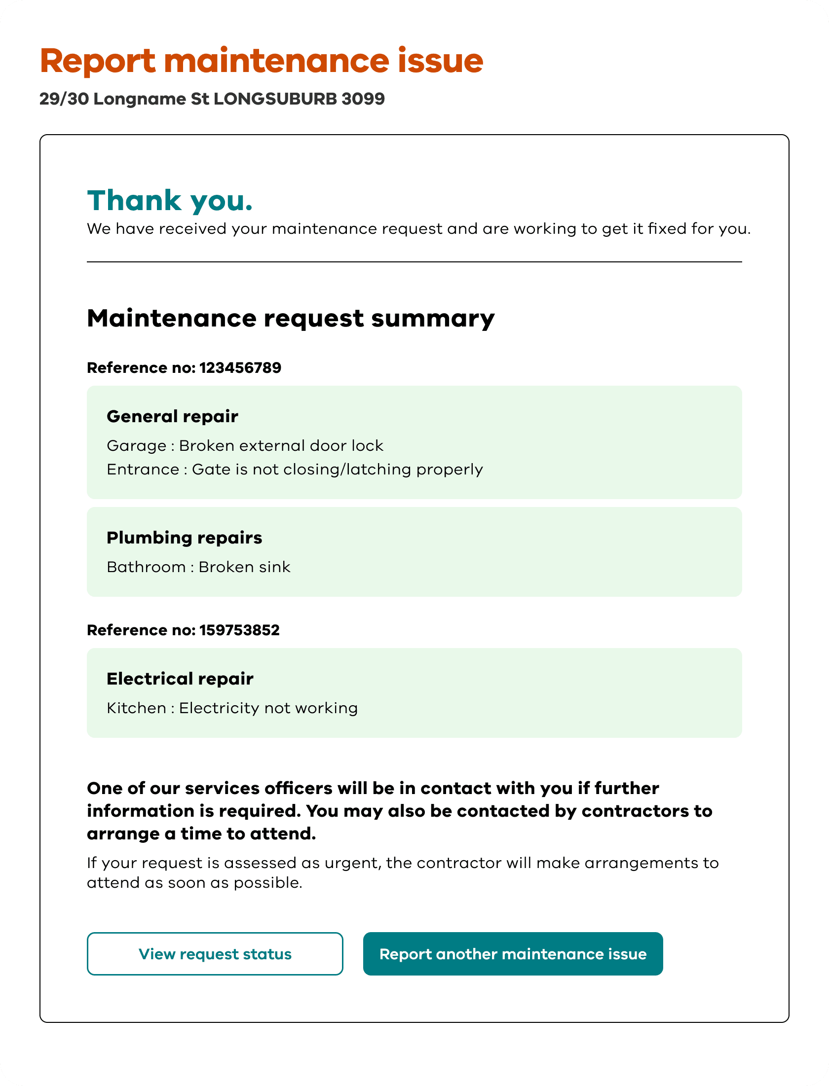Maintenance form summary page