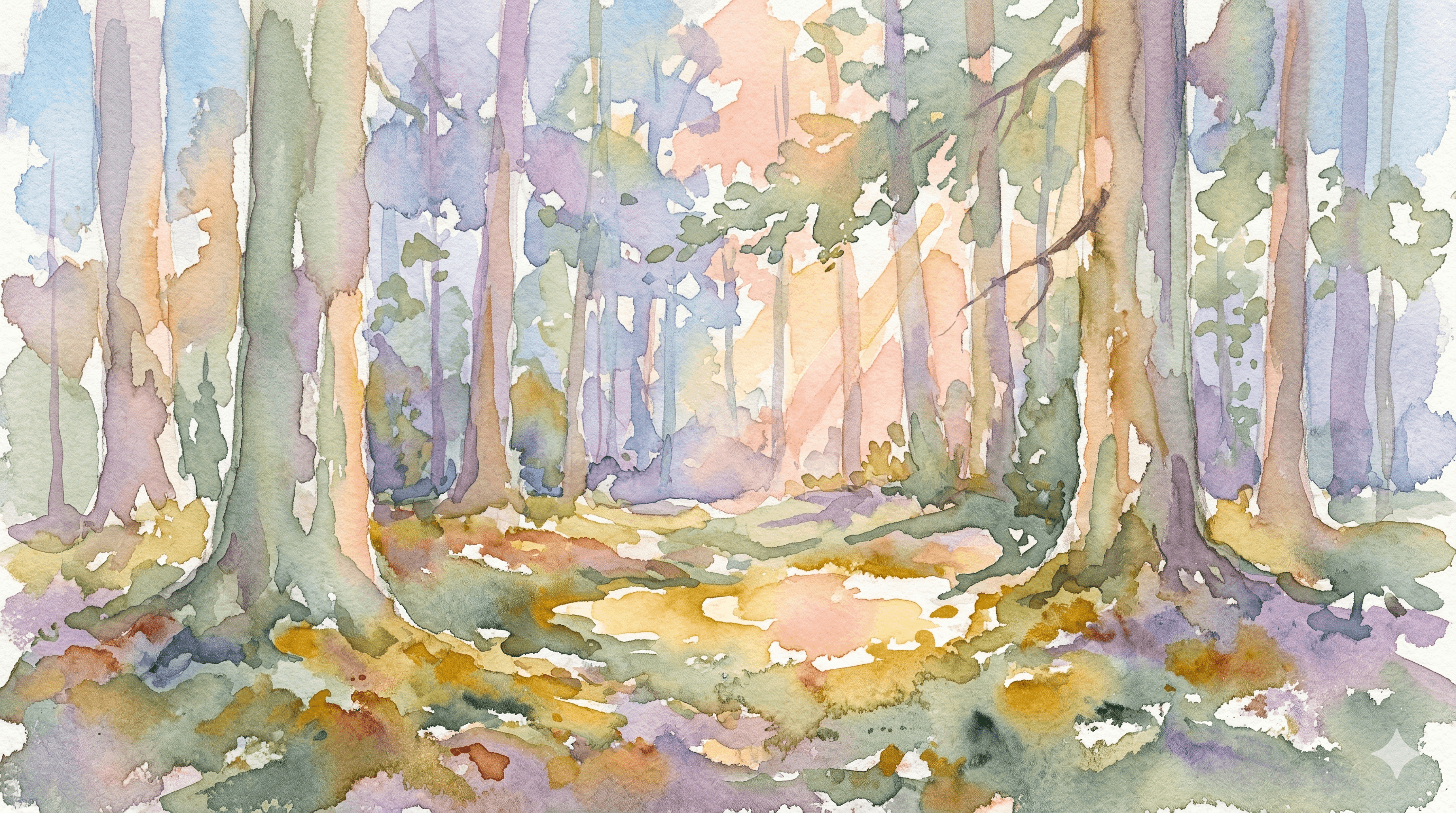 Watercolor forest clearing with golden light shafts through the canopy