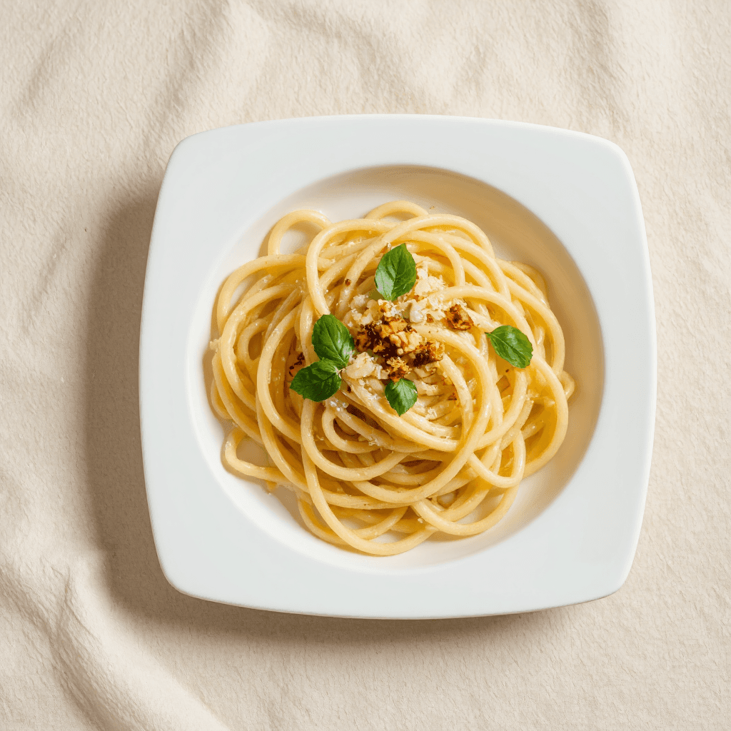 product photography of a plate of pasta with sauce and toppings