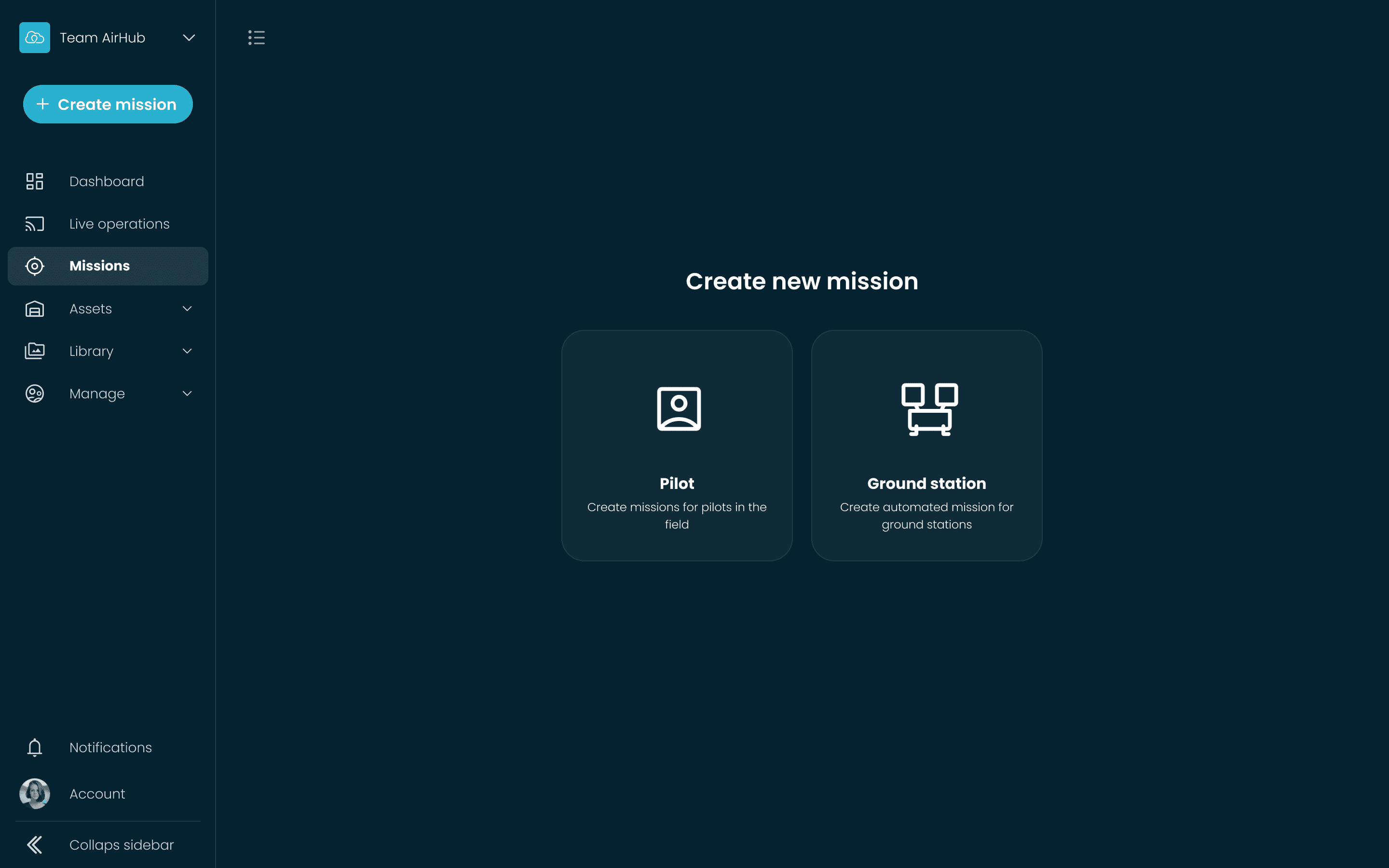 User interface choose mission type