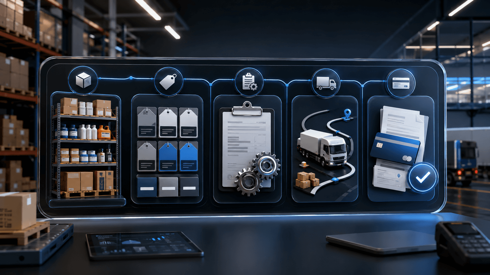 Ilustração 3D realista de um painel digital em ambiente de distribuição, mostrando um fluxo operacional integrado com catálogo de produtos, tabelas de preço, condições comerciais, entrega logística e cobrança, representados por prateleiras, etiquetas, documentos, caminhão em rota e confirmação de pagamento.