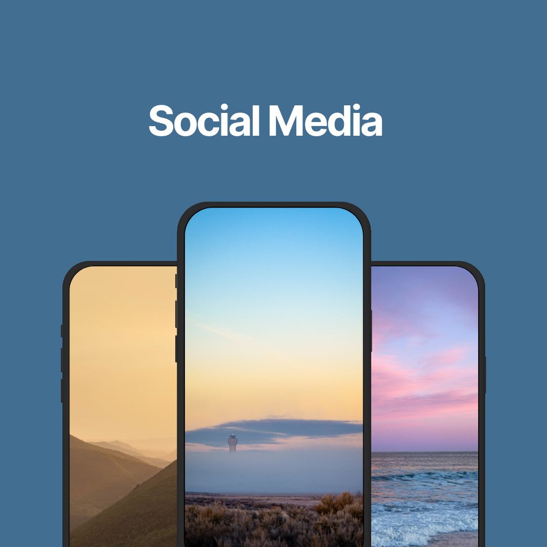 Blue background with graphics saying Social Media, below centered are three phones with areal shots taken at dawn and twiglight 