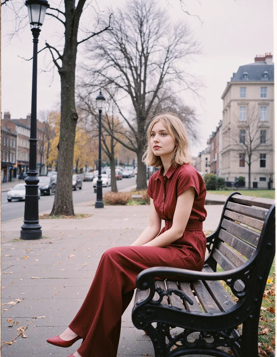 Elegant burgundy outfit on a park bench, autumn city scene with bare trees, vintage lampposts, and historic buildings in soft focus