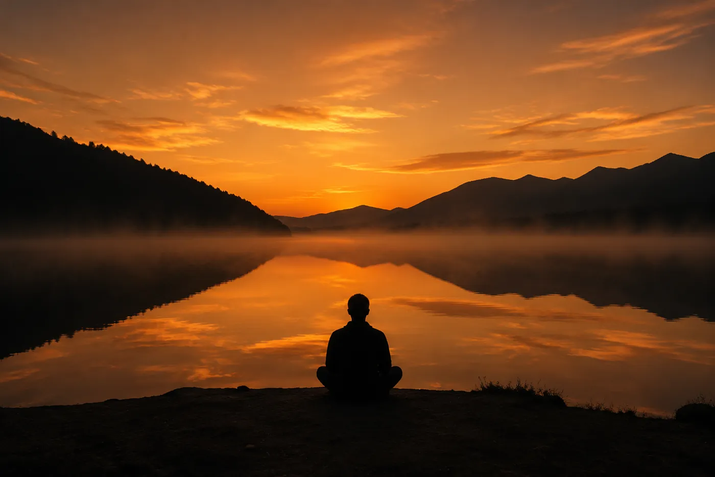 Silhouette of a person meditating cross-legged beside a still lake at golden sunrise