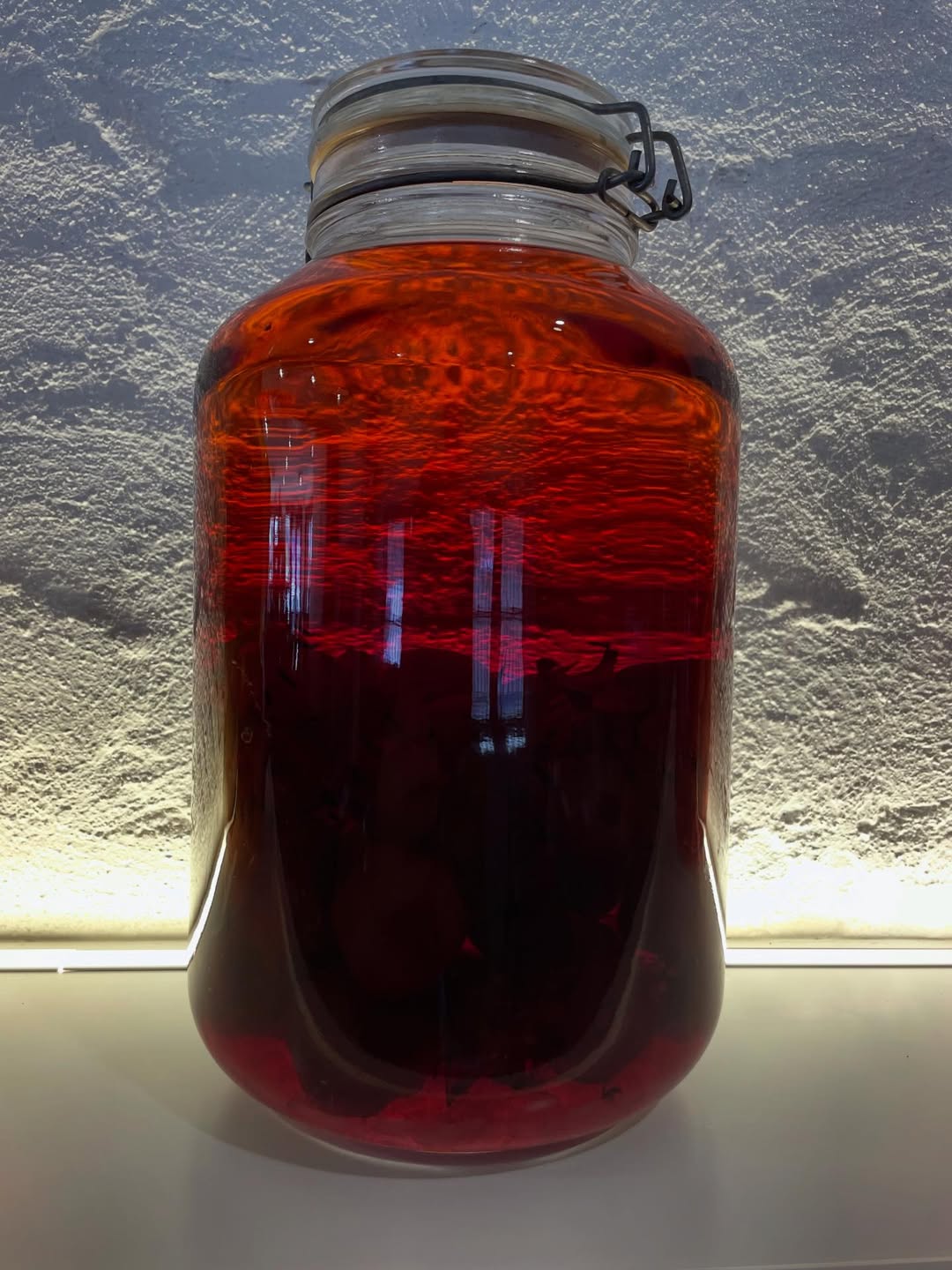 White plate with roasted carrots served on green sauce, topped with almonds and fresh herbs, held by a hand over a dark table.