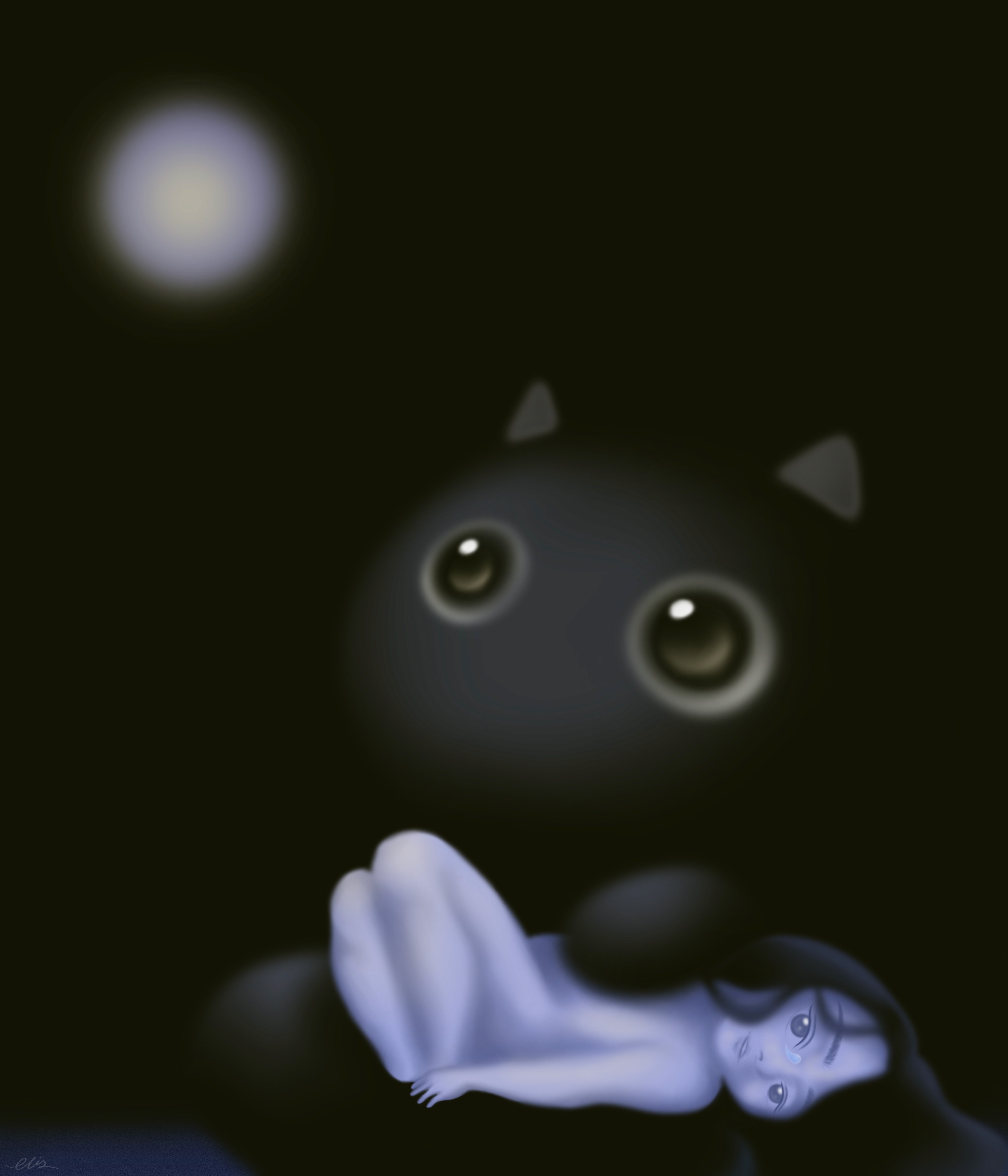 bylittleelise artwork moonlight bath drawing black cat with large eyes and a girl lying down