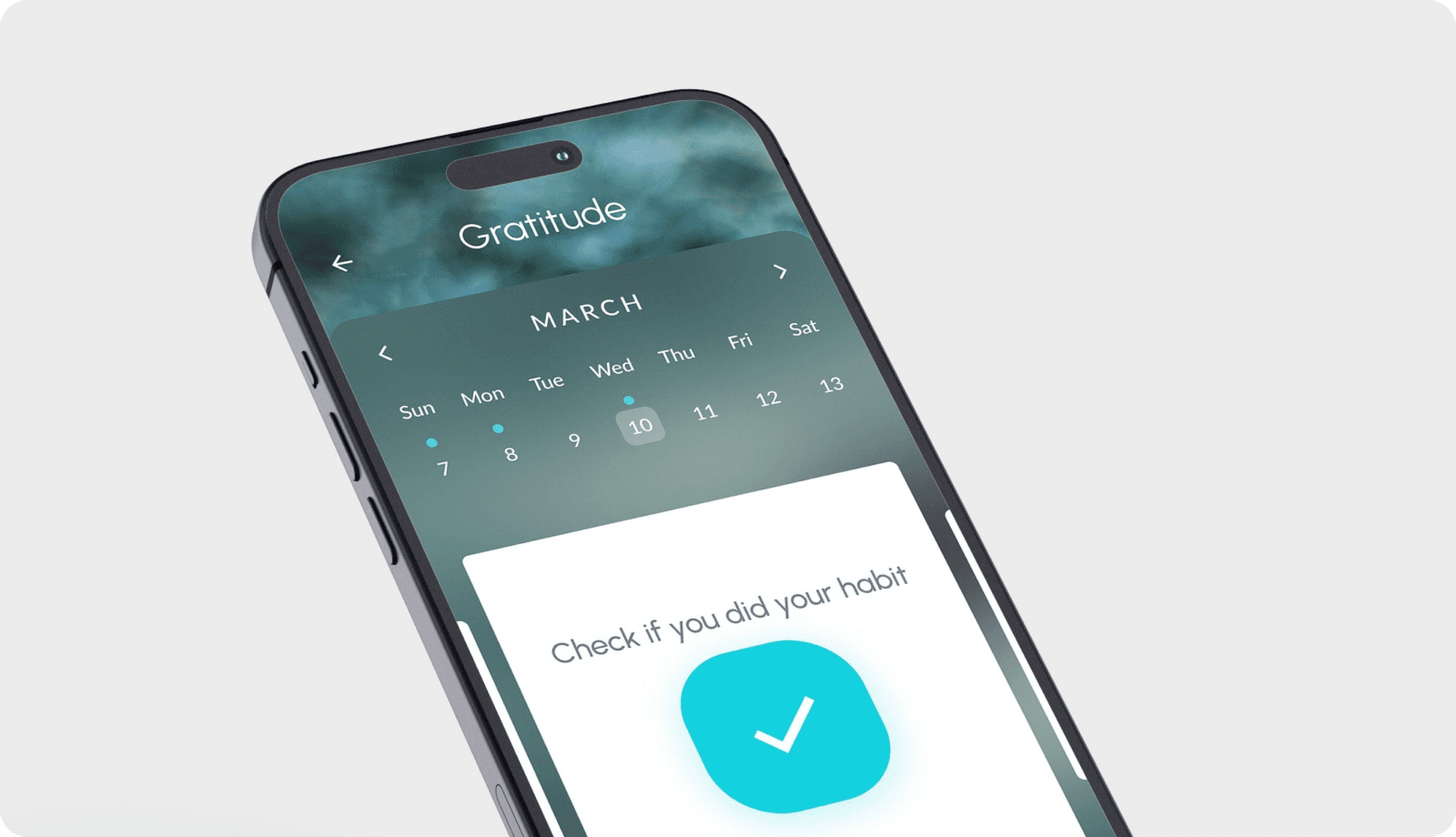Smartphone showing a habit-tracking app with a calendar and a check-in prompt.
