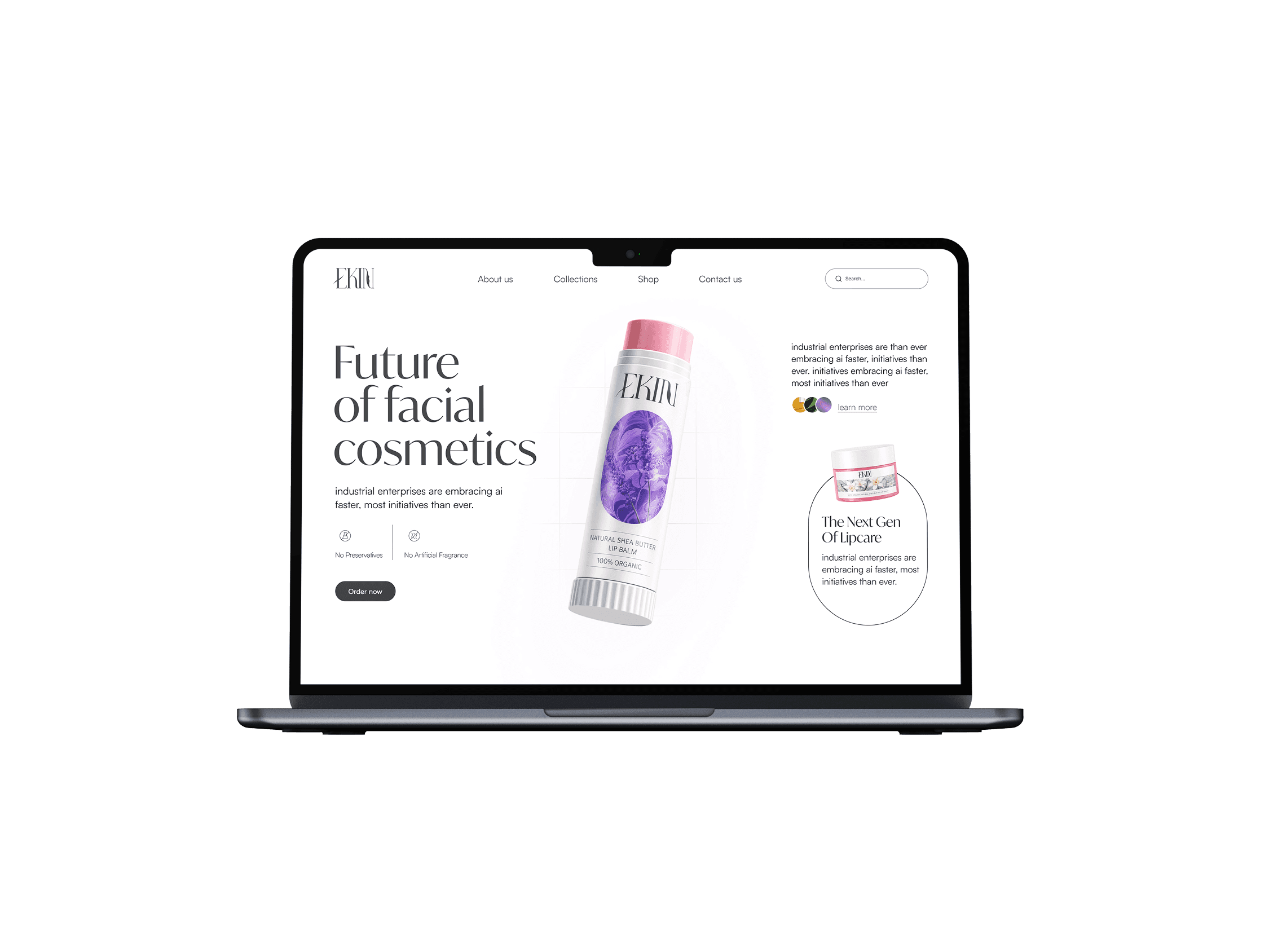 Ekin lip care website shown on laptop screen with complete ecommerce layout