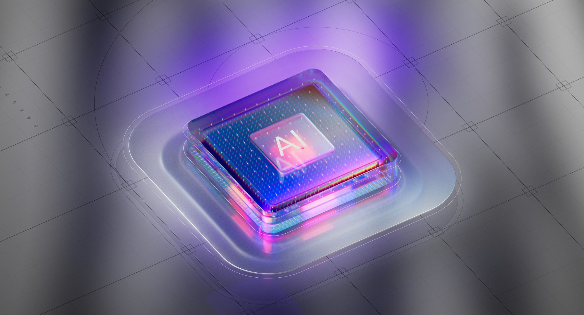 um botão quadrado moderno escrito AI com uma luz roxa e lilás saindo dele