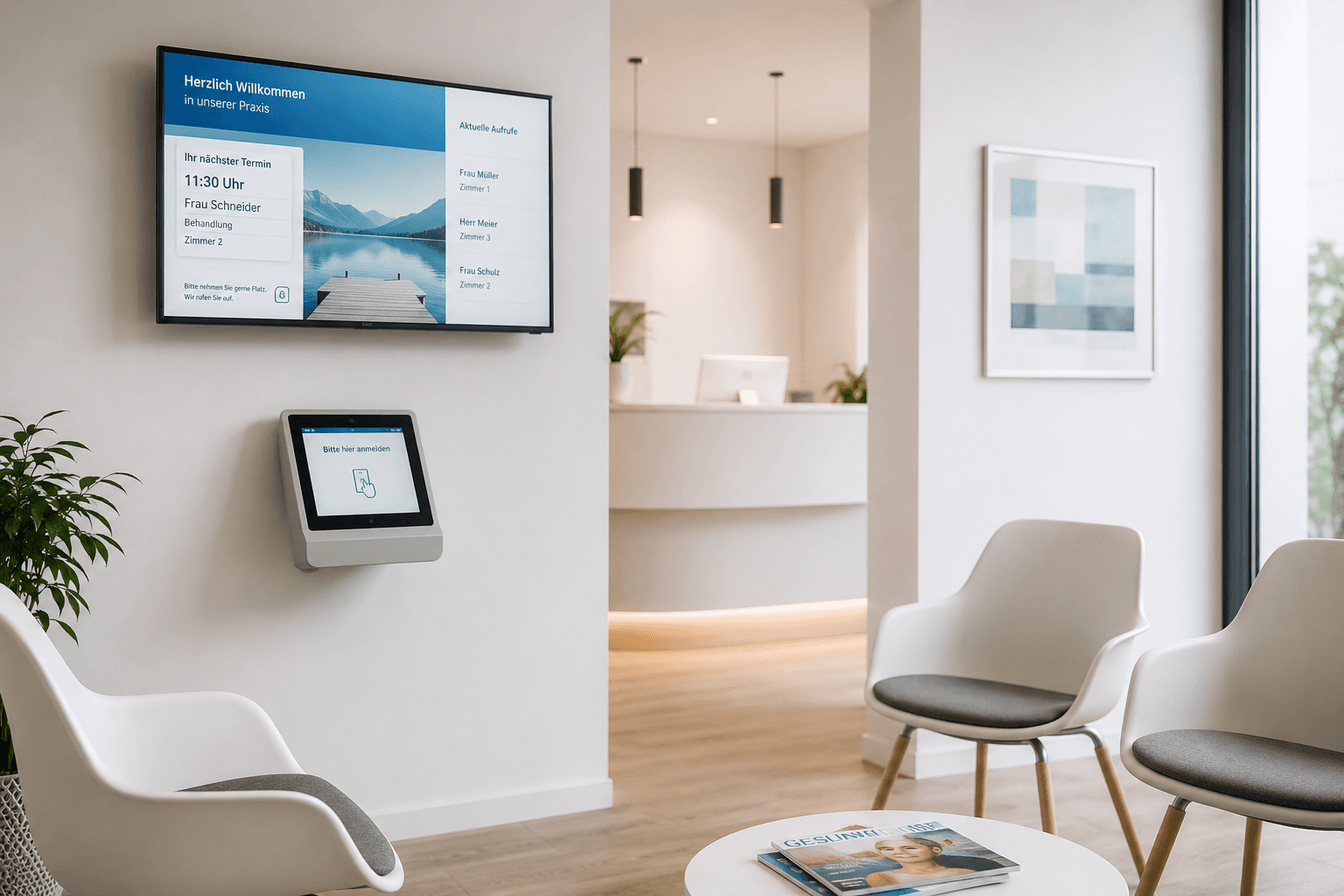 Moderner Praxiswartebereich mit Patientenaufruf auf einem Display