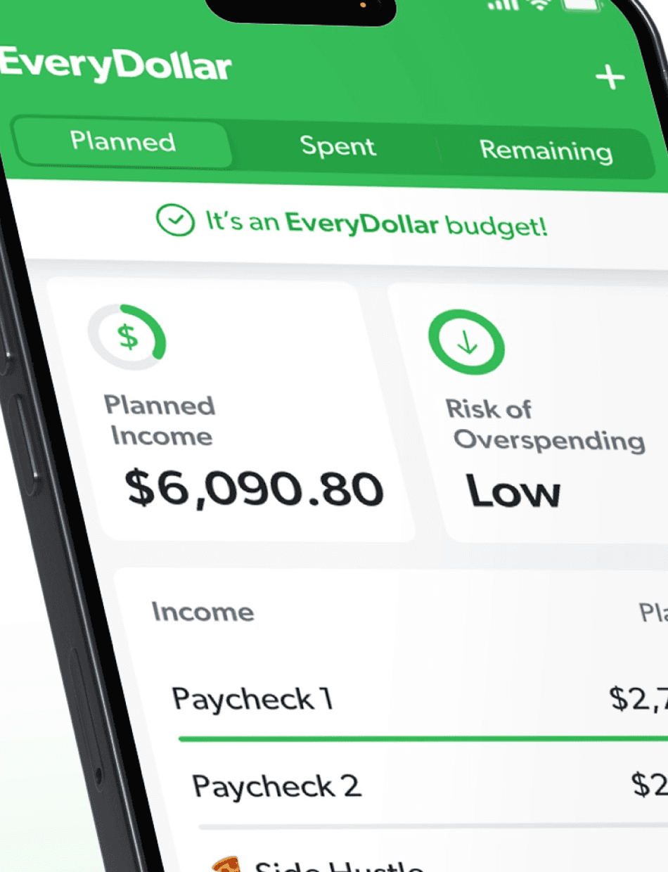 Cropped EveryDollar App Store marketing screenshot showing Planned, Spent, and Remaining tabs and a zero-based budget confirmation
