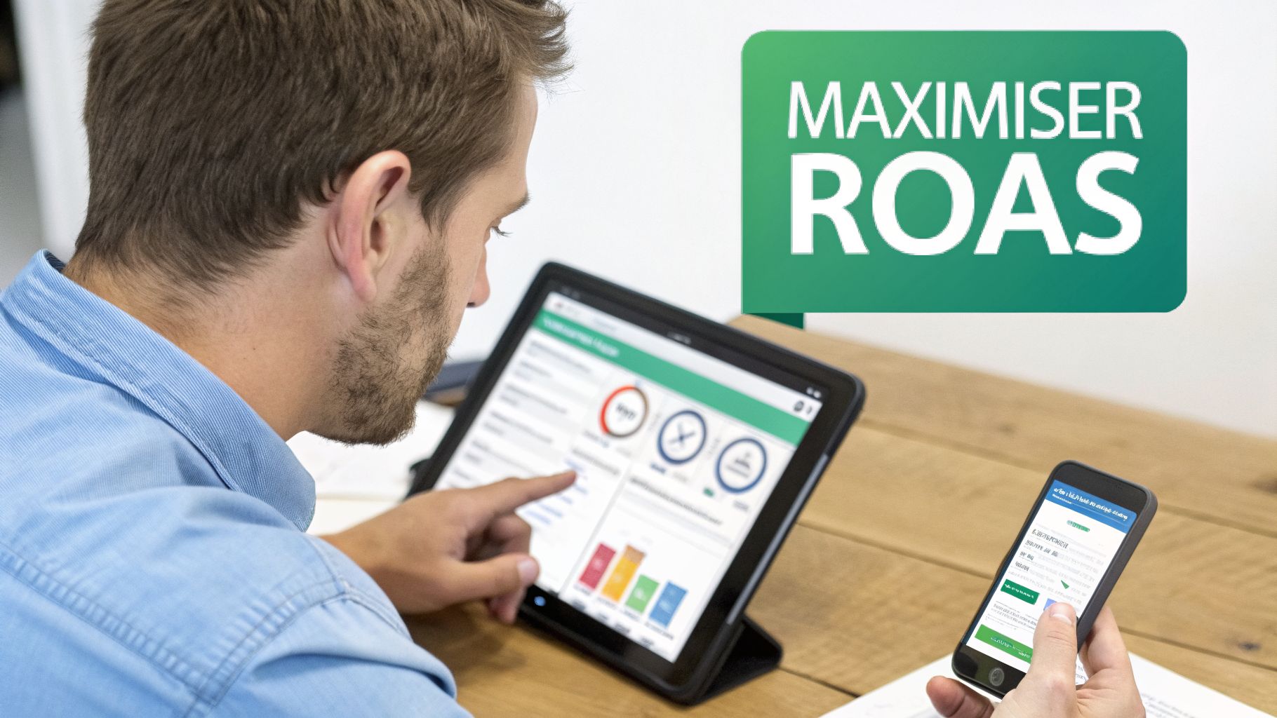 Un homme analyse des données sur une tablette et un smartphone pour maximiser le ROAS.