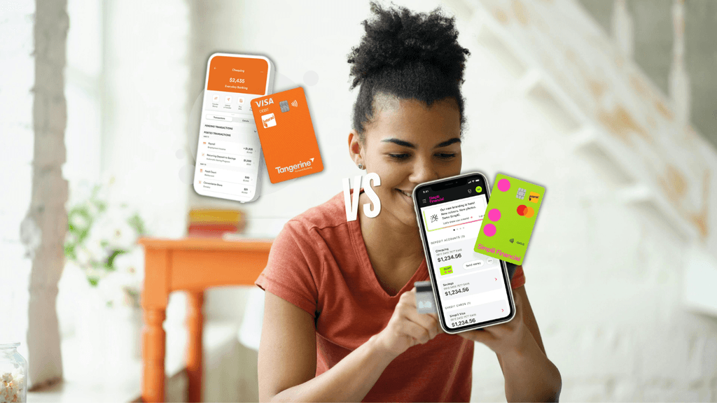 A woman using a smartphone to compare Tangerine and Simplii Financial mobile banking apps and debit cards