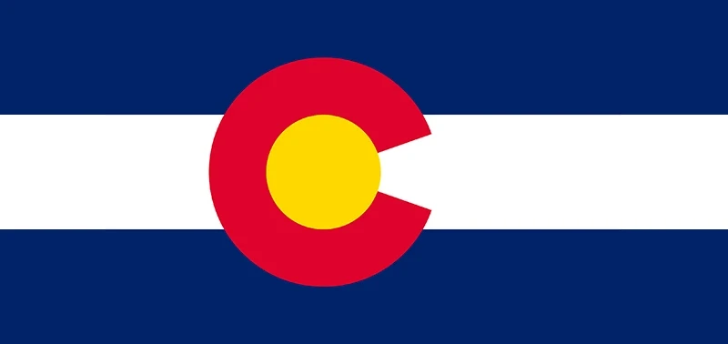 Flag of Colorado: Blue stripes frame a white horizontal stripe with a red "C" enclosing a yellow circle, symbolizing sunshine and mountains. Bold and vibrant.