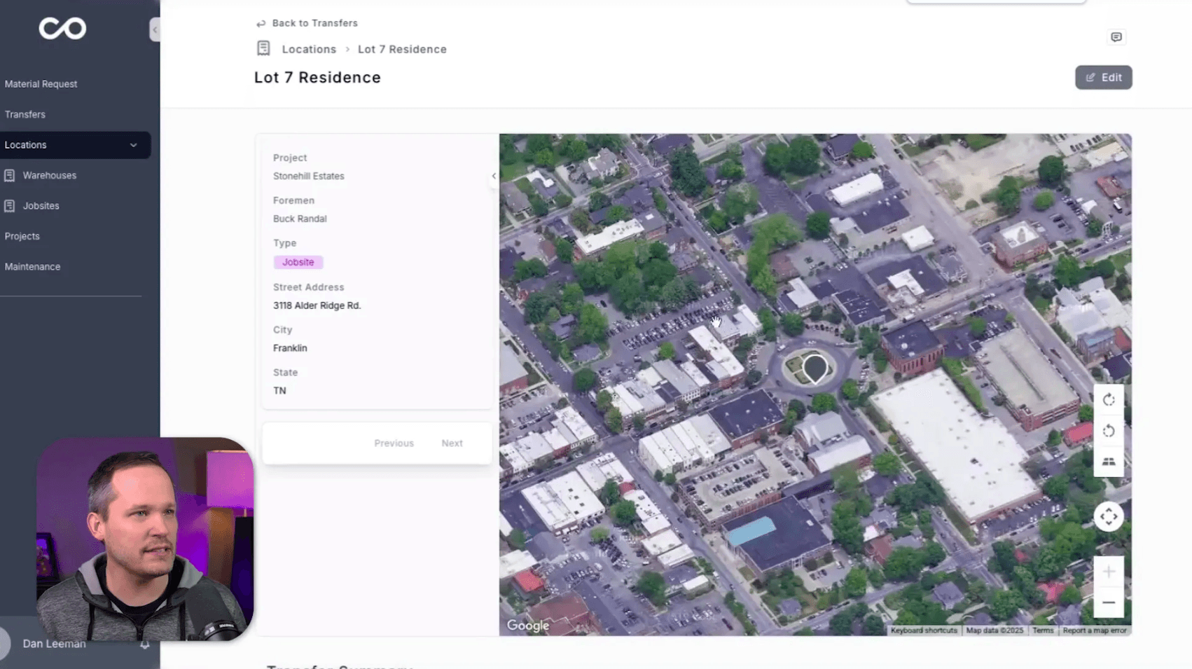 Construction site location pinned on mobile map view