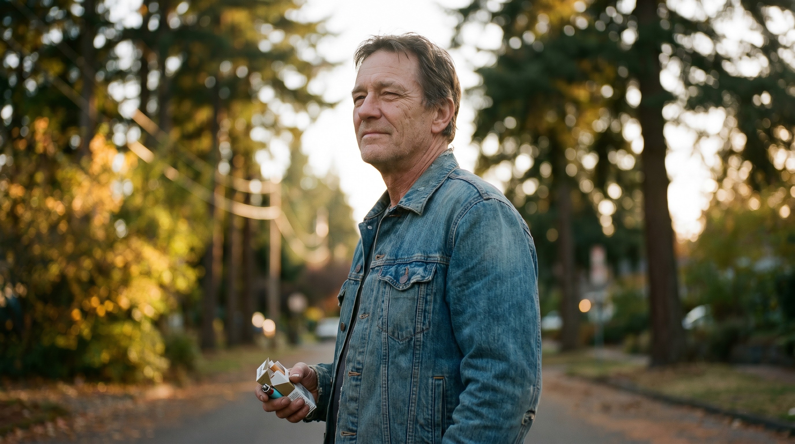 Older man outdoors in soft afternoon light holding a pack of cigarettes thoughtfully