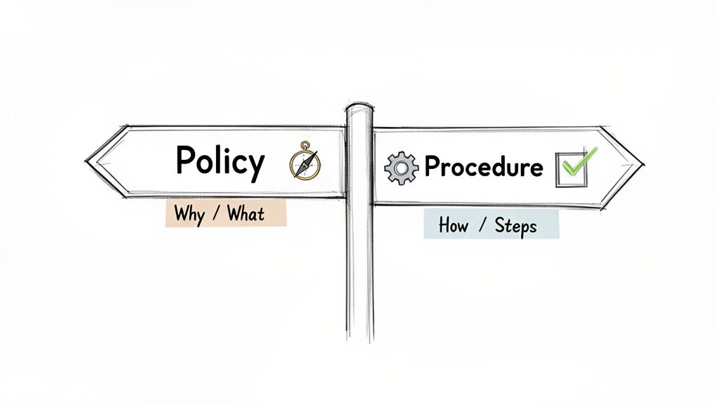 A signpost illustrating the difference between Policy (Why/What) with a compass and Procedure (How/Steps) with a gear icon.