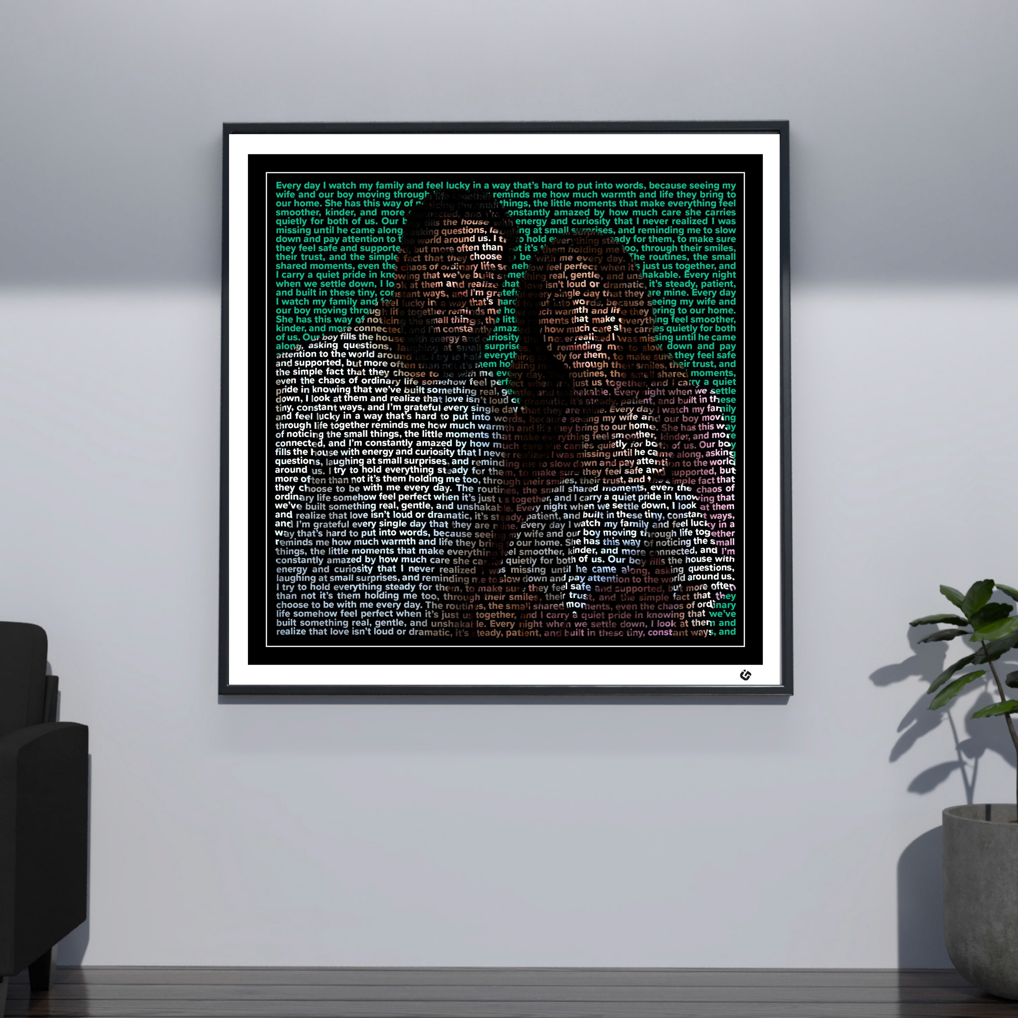 Custom text portrait artwork of a father, mother, and young son standing together and smiling. Their photo is recreated using colored text that forms their faces and clothing, framed with a thin white border, black border, and white mat. Modern and emotional family-themed art piece.