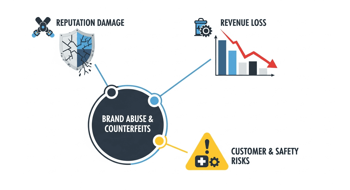 An infographic showing the three core impacts of brand abuse. A central circle labeled 'Brand Abuse & Counterfeits' connects to three icons: a cracked shield for 'Reputation Damage', a declining bar chart for 'Revenue Loss', and a hazard symbol for 'Customer & Safety Risks'.